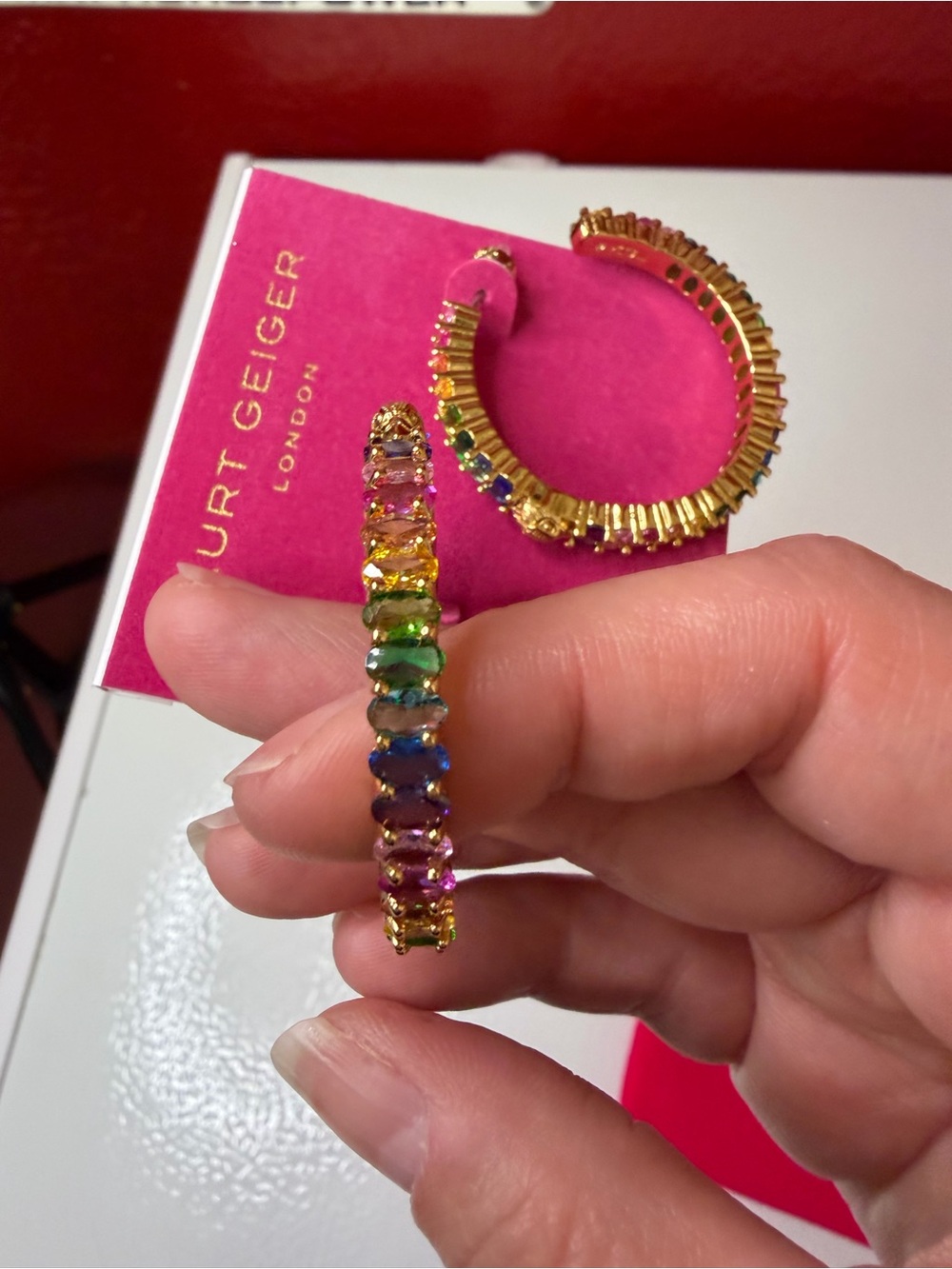 Kurt Geiger Gold Rainbow Crystal Hoop Earrings - Picture 3 of 5